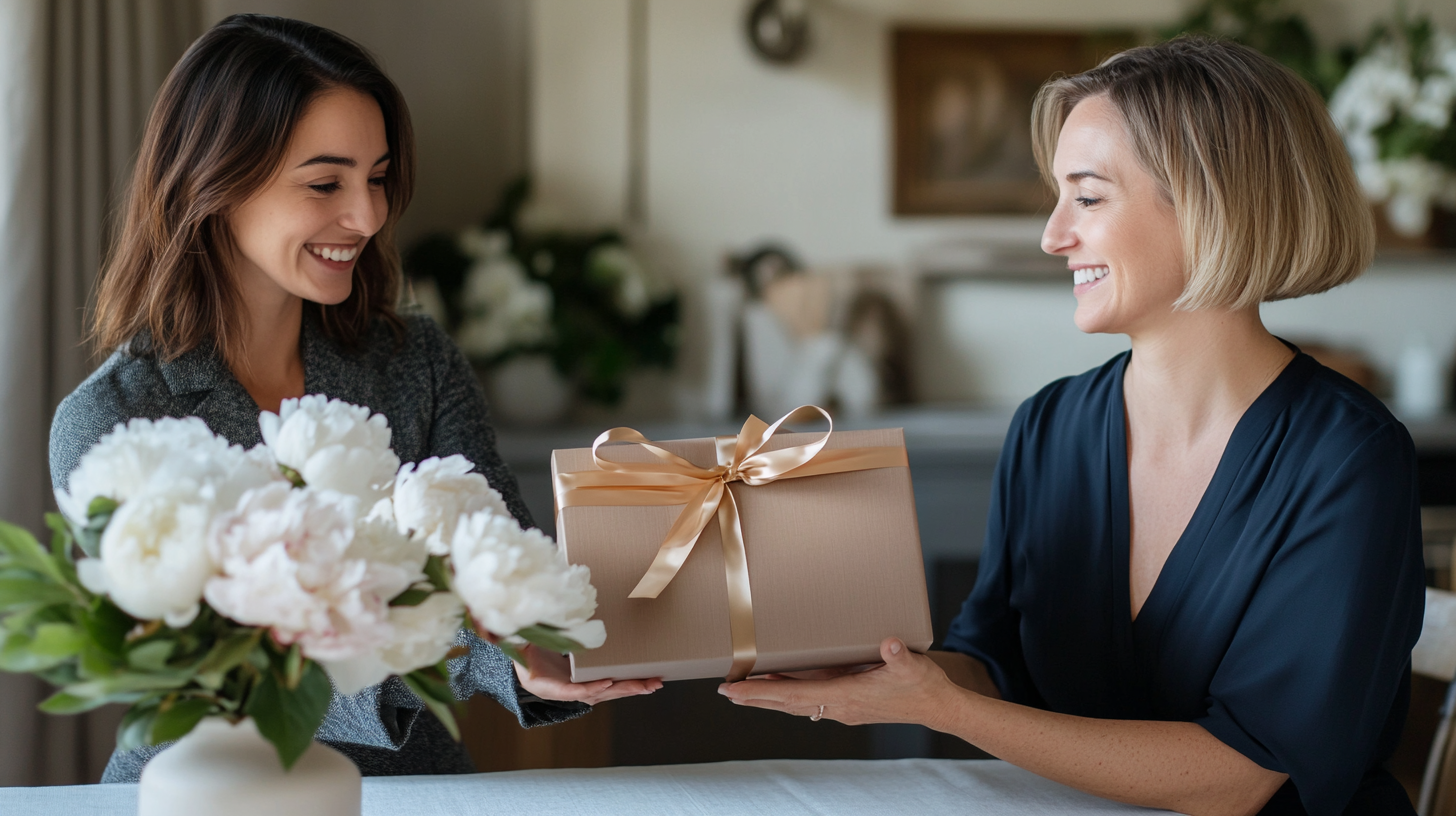 A woman presenting a ribbon-tied Saclyn gift box to a friend